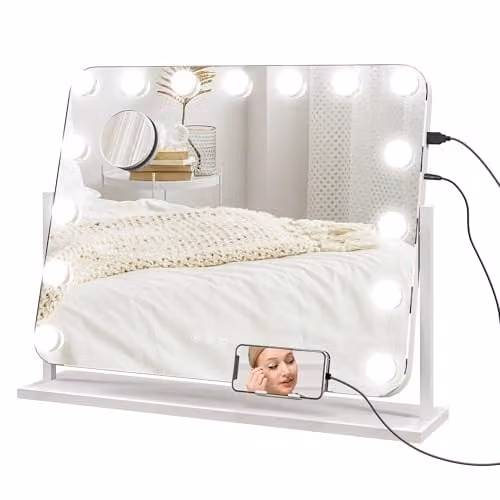 HOMCOM Hollywood LED Makeup Mirror in White, W 63 cm x H 50 cm x D 14 cm, Dimmable and Adjustable Tabletop Vanity Mirror