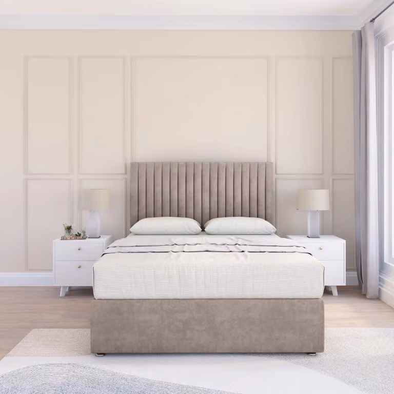 Sloomy Manhattan Super King Divan Bed Base with 26 inch Struts Headboard in Stone Beige Fabric, W/D/H: 200 x 200 cm