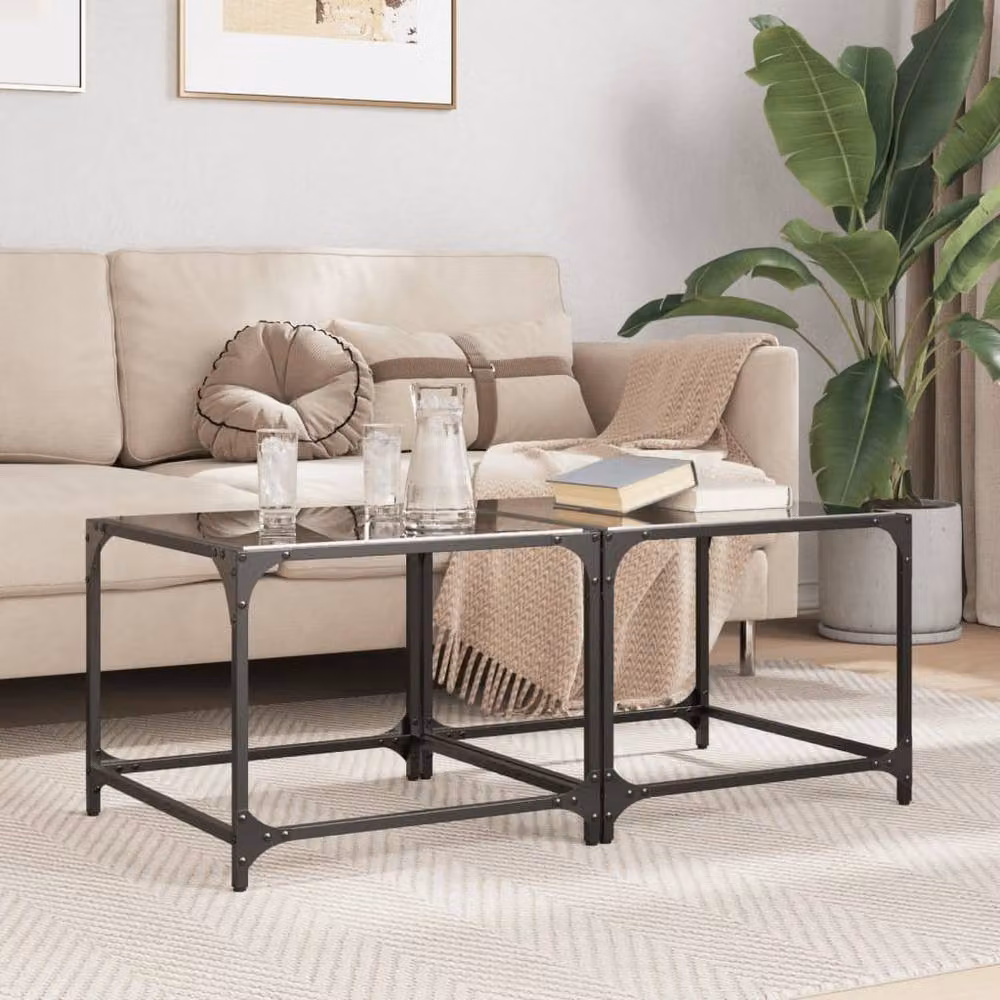 Berkfield Home Set of 2 Modern Square Coffee Tables with Black Glossy Glass Tops and Steel Frames, W/D/H: 50 x 50 x 40 cm – 2