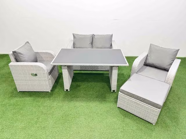 Fimous 5-Seater Outdoor Rattan Garden Furniture Dining Set with Large Stool in Light Grey