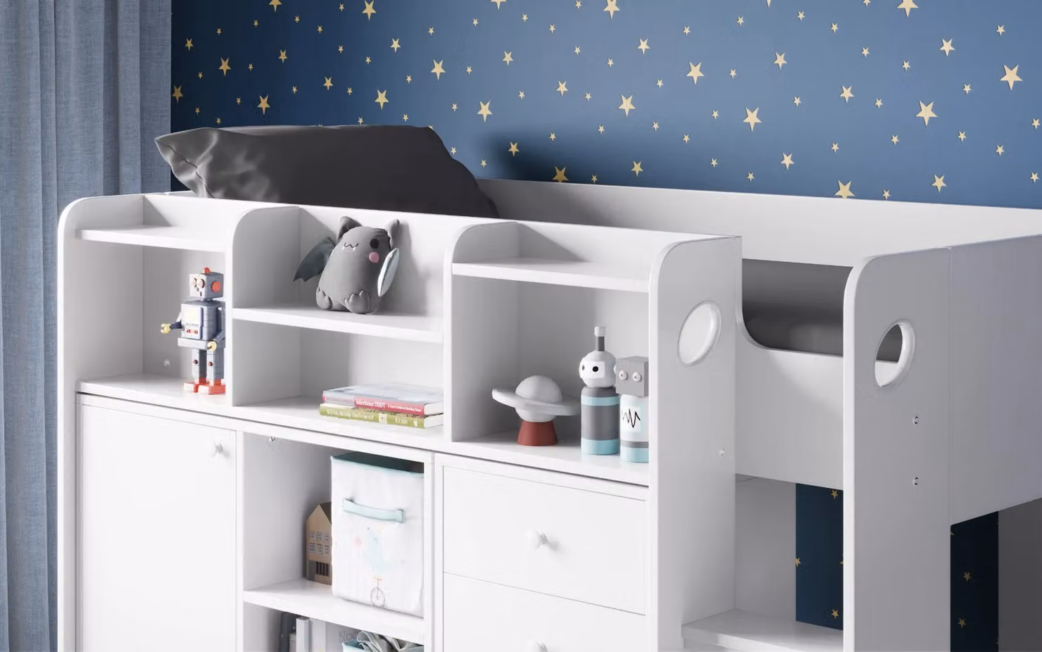 Flair Furniture Wizard Mid High Sleeper Storage Station in White with Stairs and Drawers – 5
