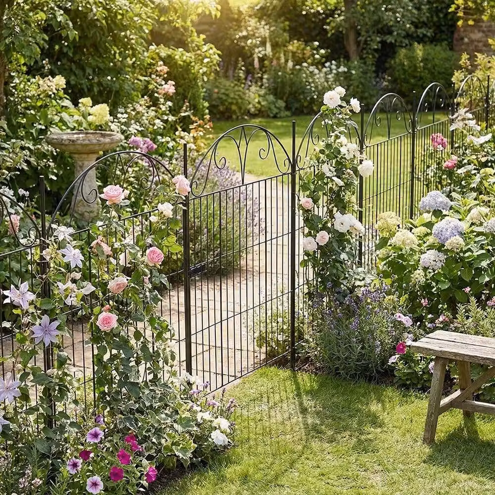 EONLION Metal Garden Fence with Gate and 9 Border Panels, Black, Height: 100 cm – 4