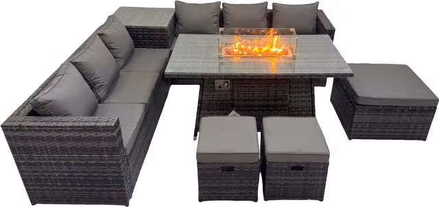 Fimous 9 Seater L-Shape Rattan Garden Furniture Set in Grey with Upholstered Cushions, Coffee Table and Ottoman – 1