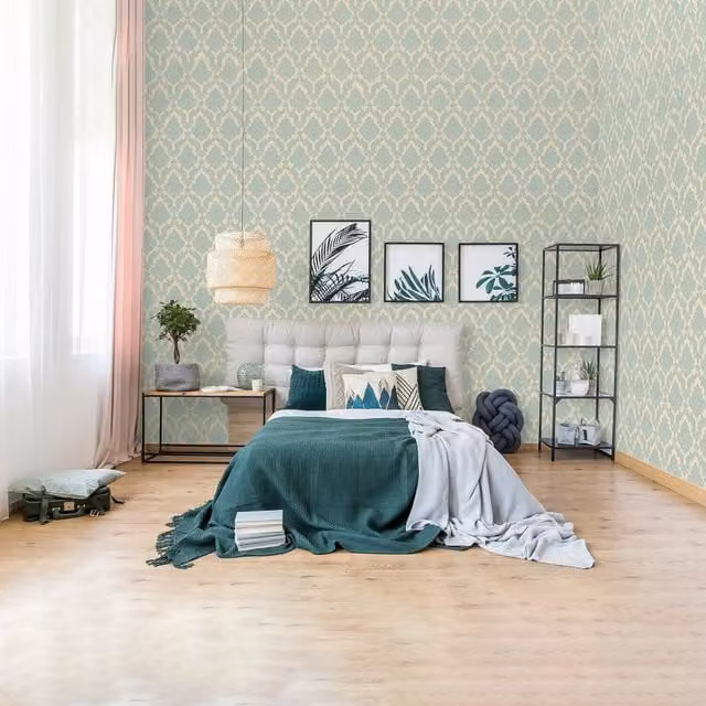 SK Filson Petrol and Grey Floral Abstract Damask Wallpaper, Washable, 1 Roll