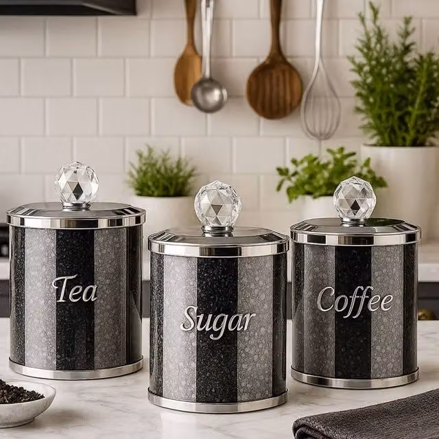 Smartbies Luxury Crystal Tea, Coffee and Sugar Canister Set in Black and Silver with Airtight Glass Lids