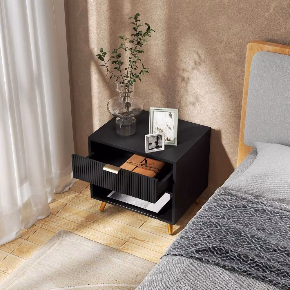 FORGEVIO Small Black Modern Table with Drawer and Open Compartment – 5