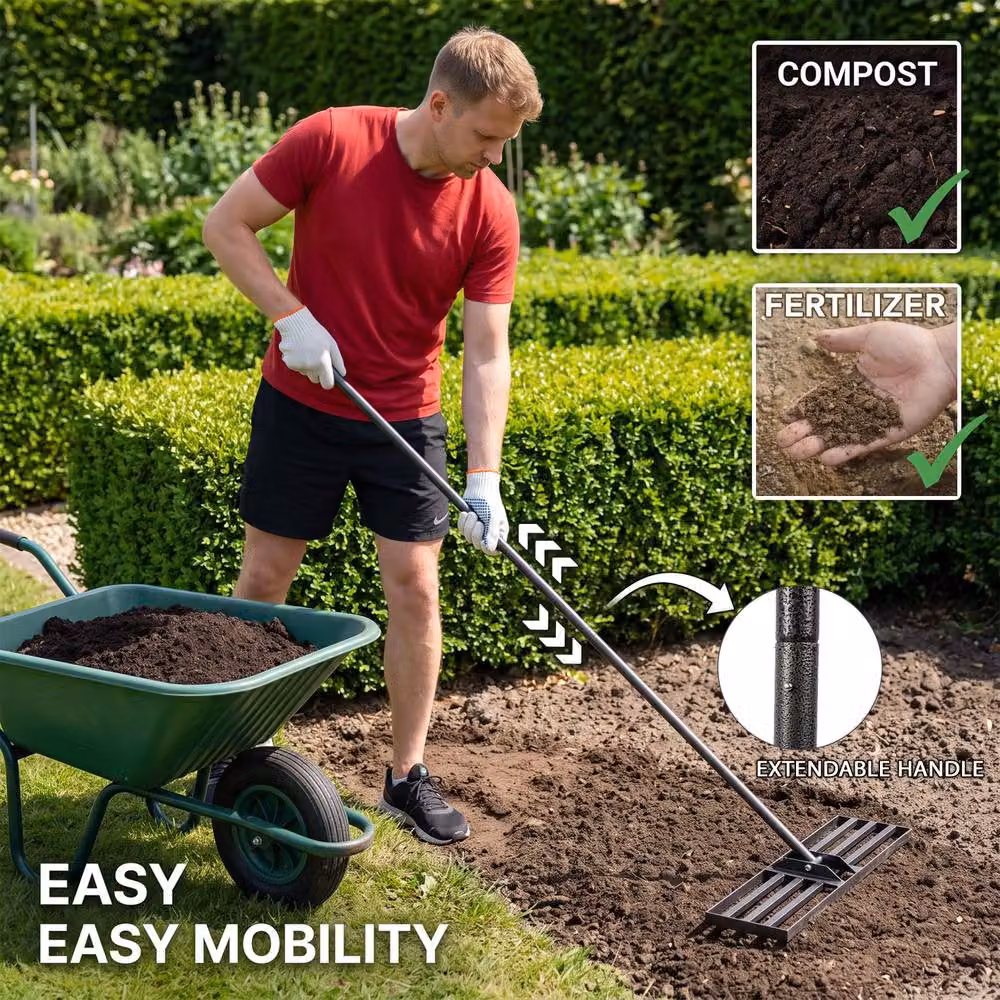 Crystals Lawn Leveling Rake with 78 inch Steel Extended Handle in Black – 7