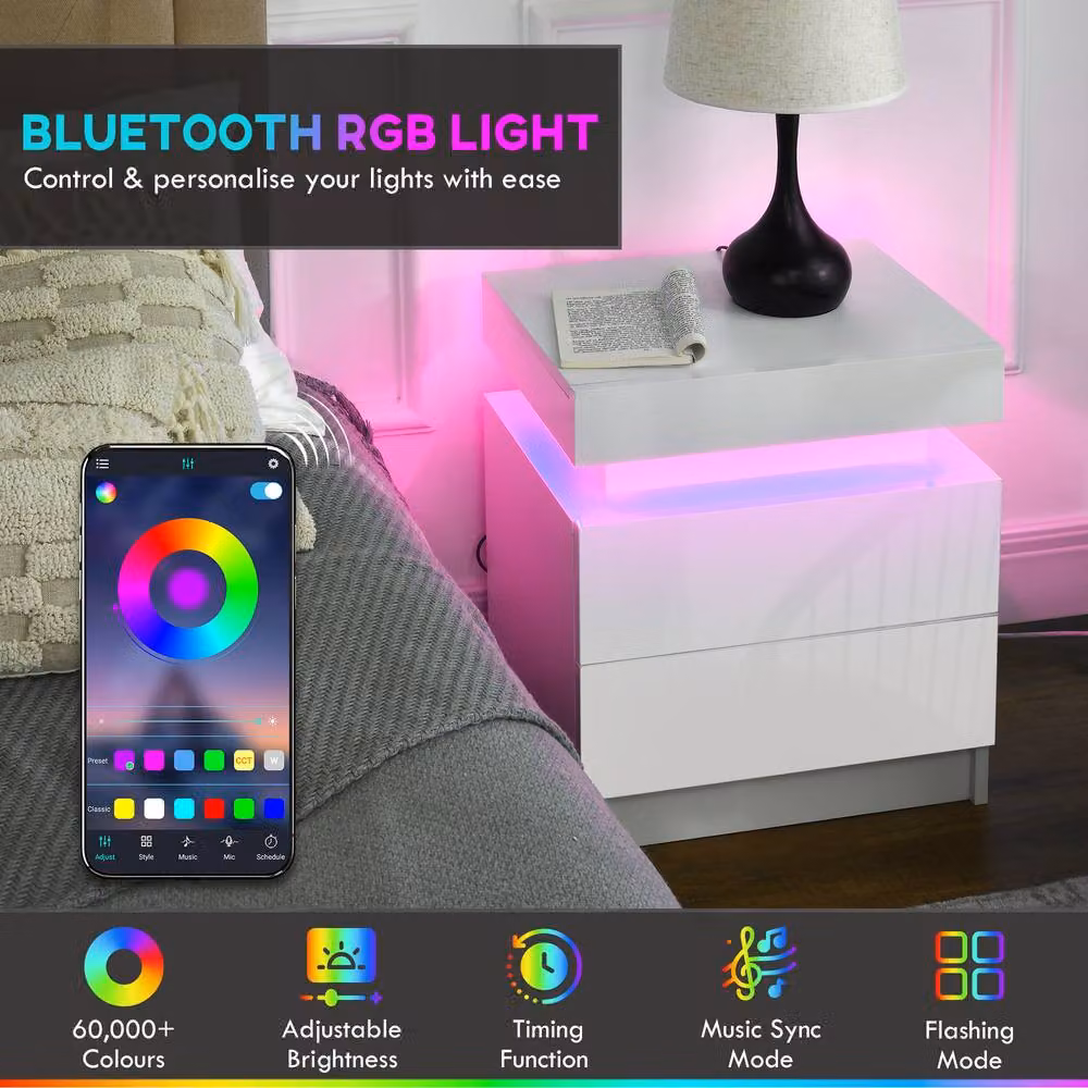 STILVORA White Glossy Bedside Table with 2 Drawers and Integrated LED Lighting – 4