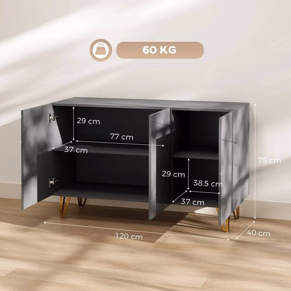 PAWNORA Modern Glossy Sideboard with Adjustable Shelves in Grey and Gold – 2