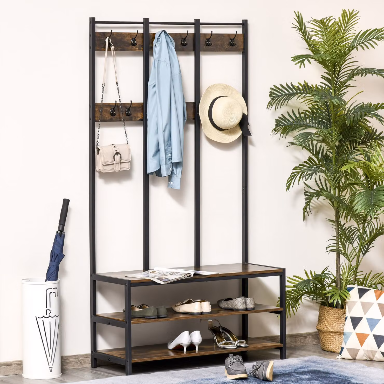 HOMCOM Industrial Hall Tree Coat Rack Stand with Bench and Shoe Storage, Rustic Brown and Black, W: 100 cm, D: 40 cm, H: 184 cm – 2