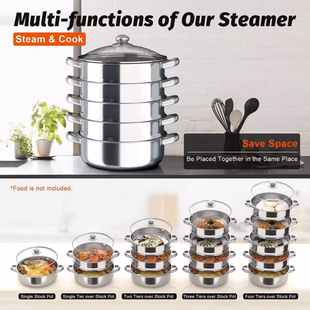 FLAVORA 5 Tier Stainless Steel Steamer Pot in Silver, Diameter: 30 cm, Height: 15 cm – 5
