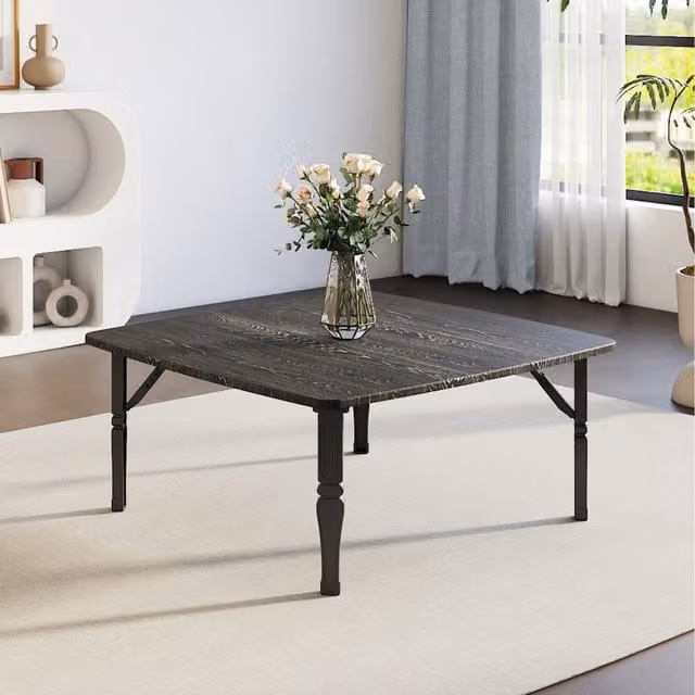 Komore Black Square Foldable Coffee Table with Wood Grain Finish