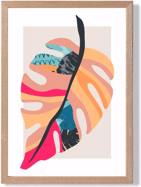 ARTZE Tropical Monstera Blue and Pink Boho Botanical Framed Print with Oak Frame