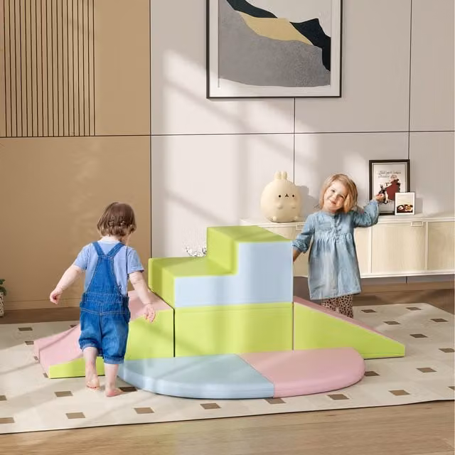 HOMCOM 6-Piece Green and Multicolour Foam Soft Playset with Stairs and Ramp