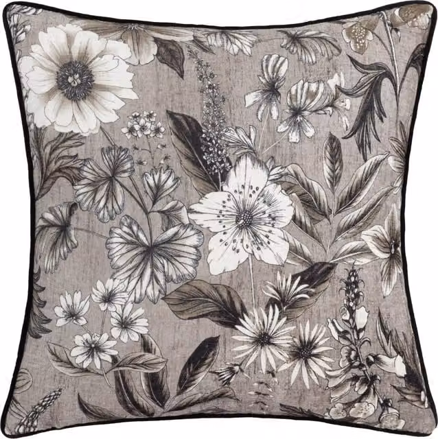 Harlington Botany Floral Piped Velvet Cushion in Sepia and Feather Brown/Beige with Feather Filling