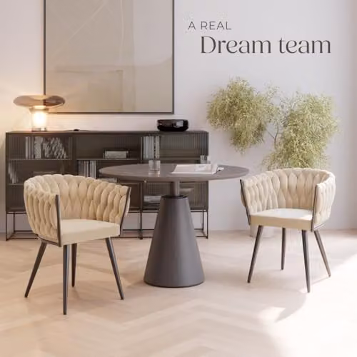 tectake Set of 2 Astano Dining Chairs with Velvet Fabric and Knot Design in Sand and Black – 2