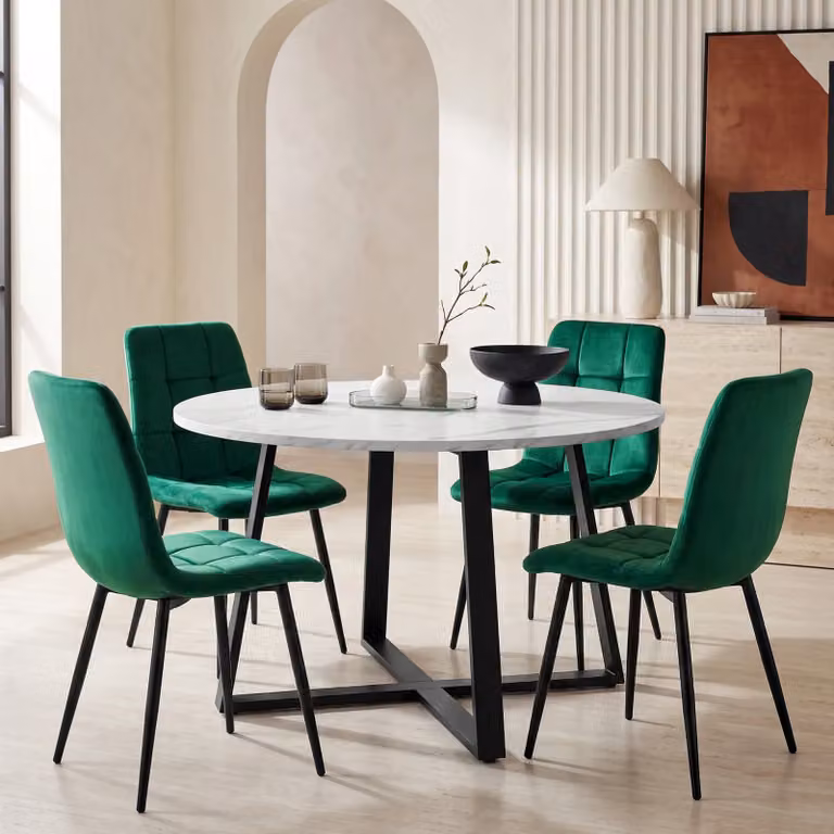 DHS Kyvon Round Dining Table Set with 4 Chairs, White Marble Effect and Green