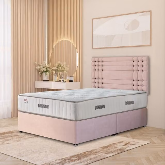 Somnior Beds Ltd Saville Pink Plush Velvet Divan Bed Set with 32 inch Headboard, Orthopaedic Mattress and Drawers, W/D/H: 180 x 200 cm