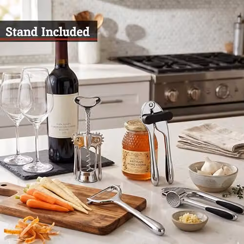Premier Housewares 5-Piece Kitchen Gadget Set in Silver and Black with Wooden Stand – 5