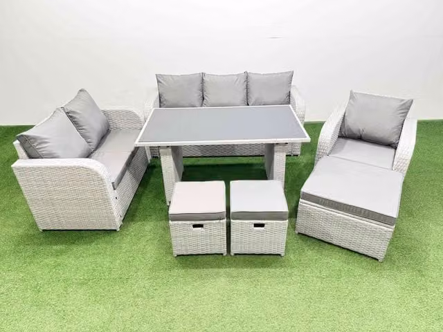 Fimous 9 Seater Rattan Outdoor Sofa Set with 3 Stools in Light Grey