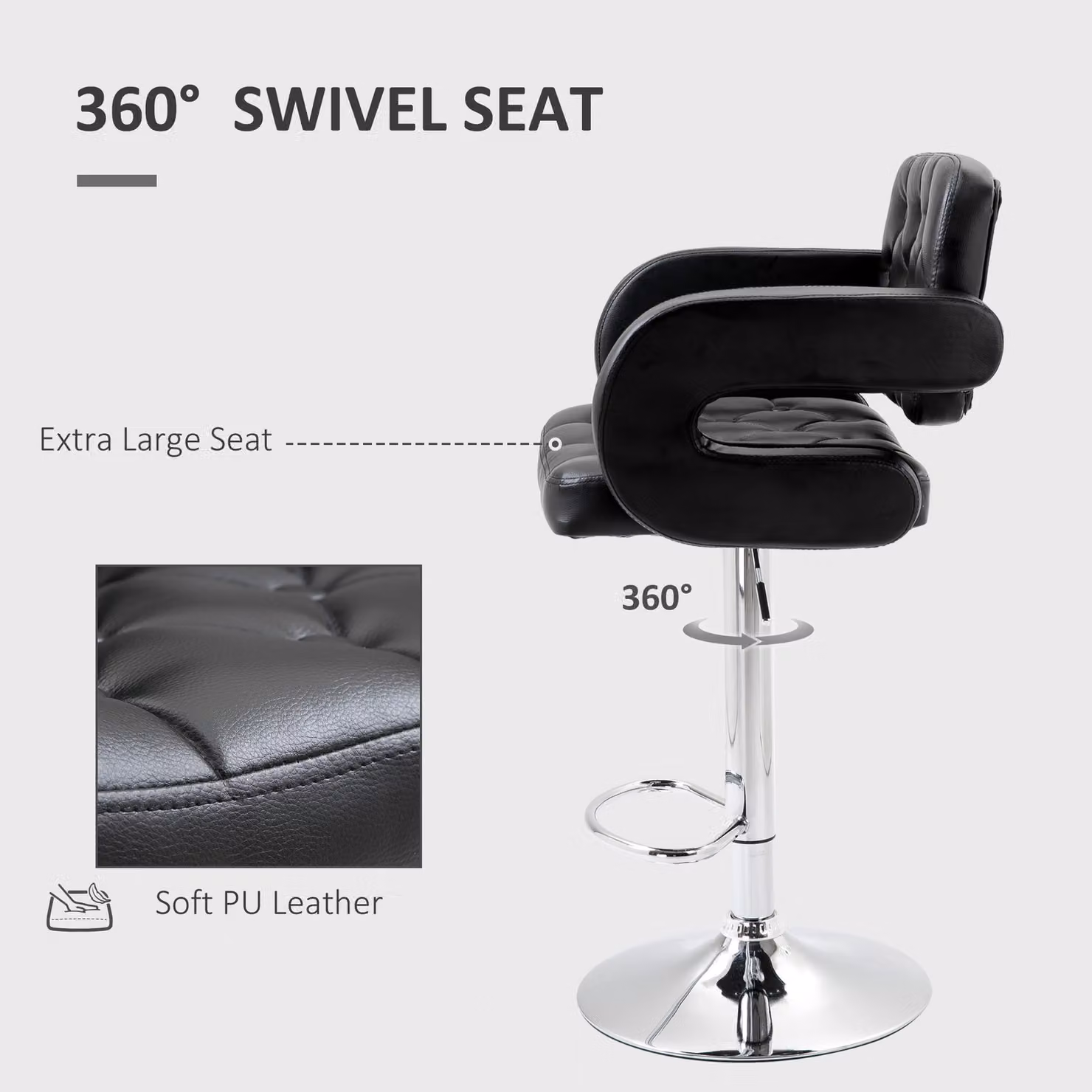 HOMCOM Black PU Leather Swivel Bar Stool with Back and Footrest, Height Adjustable – 4