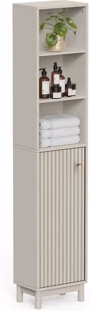 Havendro Stone Tall Bathroom Storage Cabinet with Soft Close Hinged Doors and Open Shelf, W: 34 cm, D: 23 cm, H: 165 cm, Gold