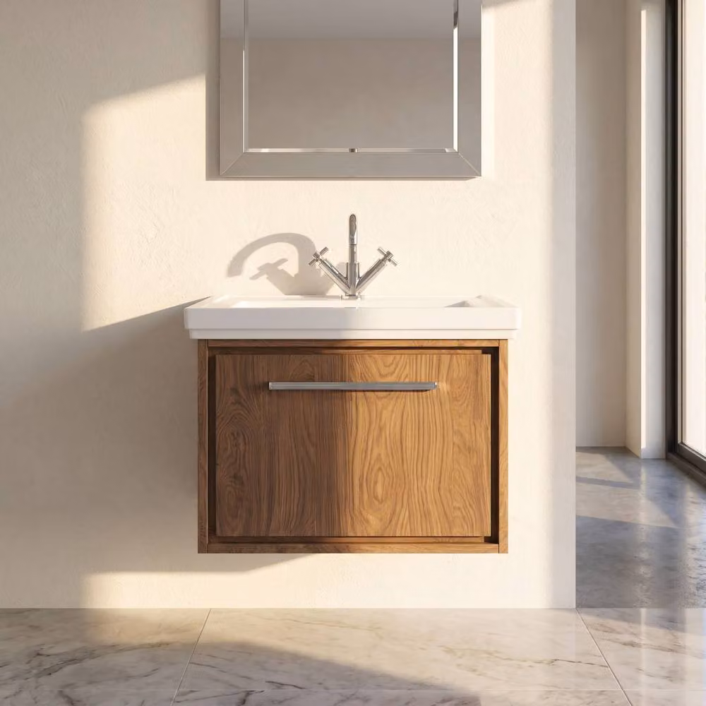 Balterley Wall Mounted Single Drawer Bathroom Vanity Unit with Basin in Antique Oak Brown W/D/H: 63 x 47.1 x 49.7 cm – 2