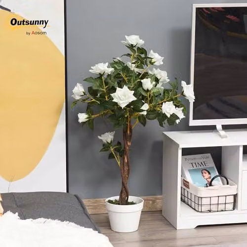 Outsunny White Artificial Rose Tree with 21 Flowers and 350 Silk Leaves, 90 cm Height – 2