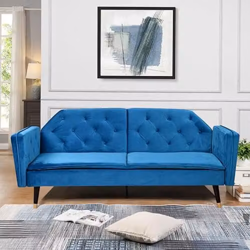 Comfy Living Blue Plush Velvet Tufted Click Clack Sofa Bed – 1