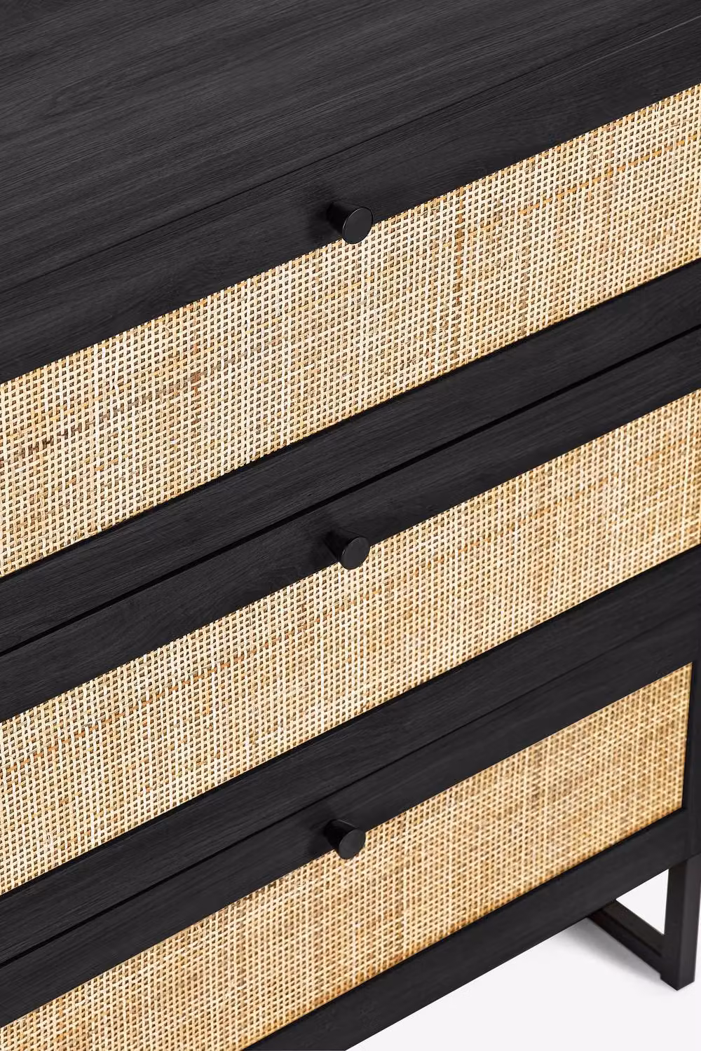Julian Bowen Padstow 3 Drawer Chest in Black with Rattan Details, H 80 x W 40 x D 90 cm – 8