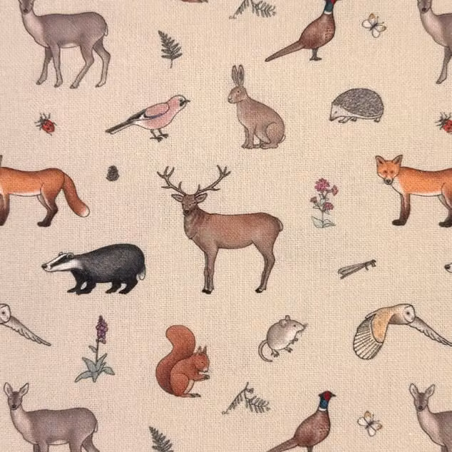 Emma Lawrence Forest Friends Checked Cotton and Linen Fabric in Beige and Multicolour for Children