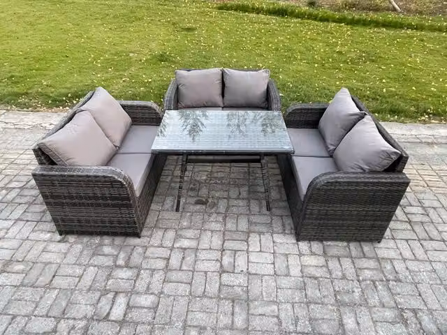 Fimous 6 Seater Rattan Garden Furniture Set with Rectangular Dining Table in Dark Grey