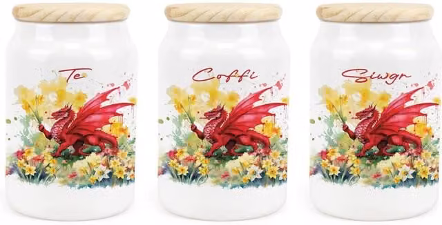 Purely Home Welsh Dragon and Daffodils Ceramic Airtight Storage Canister Set for Tea, Coffee and Sugar in Red, Yellow, Green and White