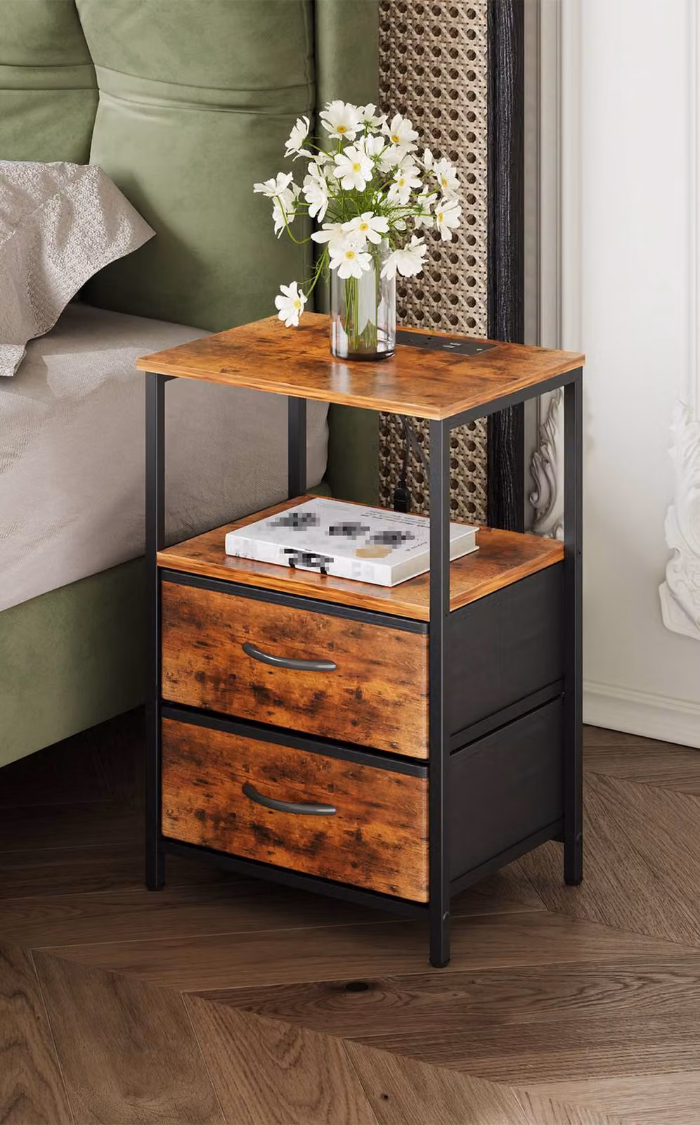 Living and Home Brown Industrial Bedside Table with Integrated LED Lighting – 3