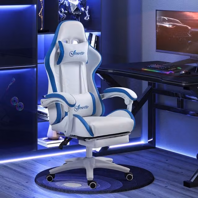 Vinsetto Blue and White Synthetic Leather Gaming Chair with Armrests and Headrest