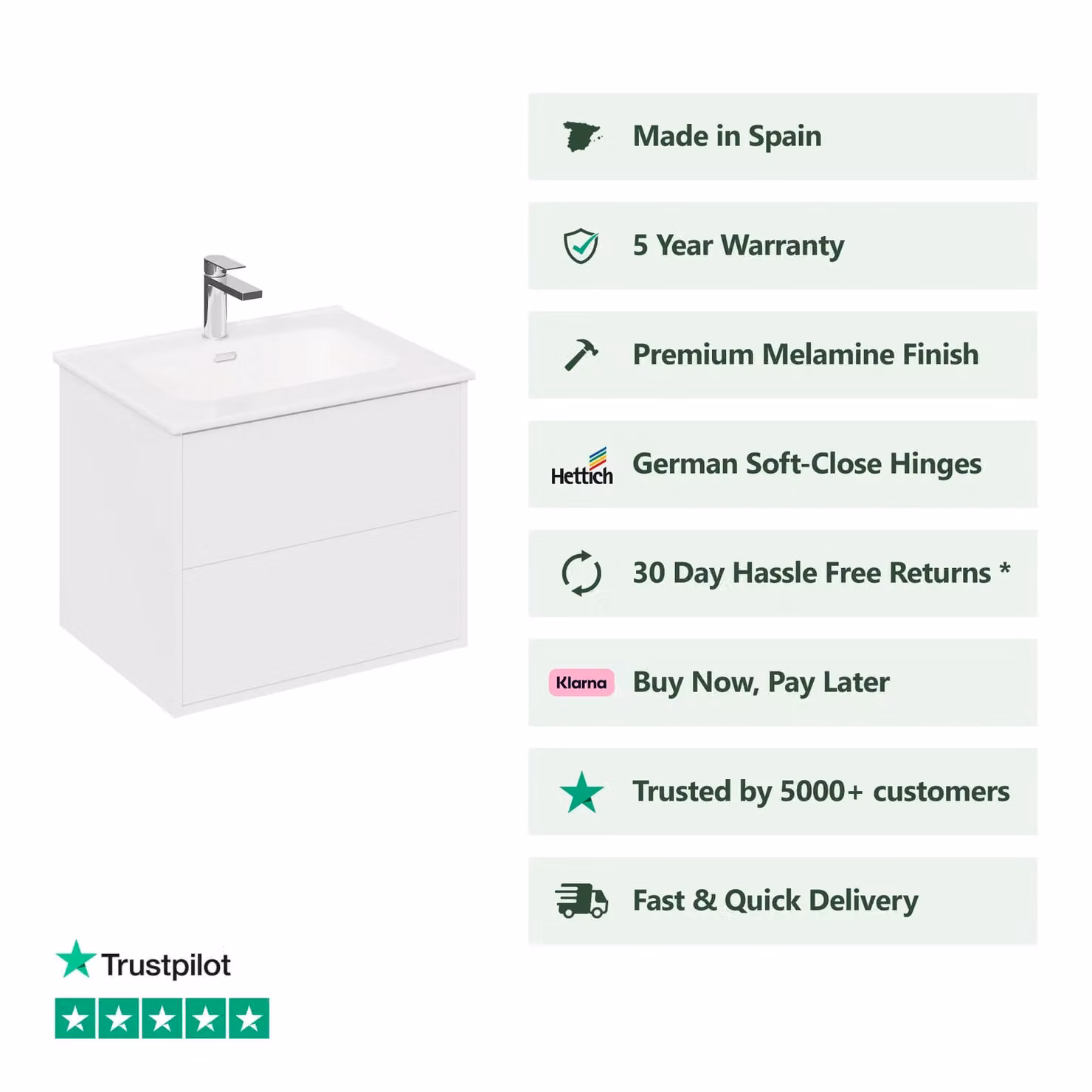 Banyetti Venti 600mm Wall Hung Vanity Unit with Athena Basin, Matt White – 2