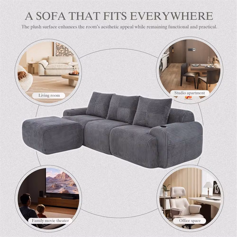 Direct Wicker 3-Seater Modular L-Shape Cord Sofa in Grey with Matching Ottomans and Cup Holders – 5