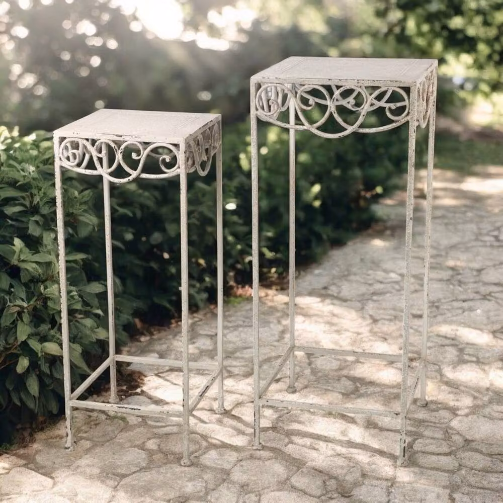Minster Stylish Living Ltd Set of 2 Shabby Chic Metal Plant Stands, Beige, W/D/H: 27 x 27 x 66 cm – 2