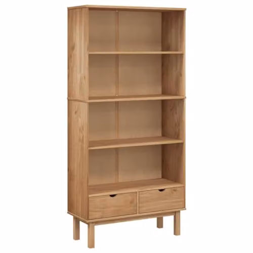 vidaXL OTTA Bookcase with 2 Drawers in Brown Solid Pine Wood, H 180 x W 35 x D 35 cm – 1