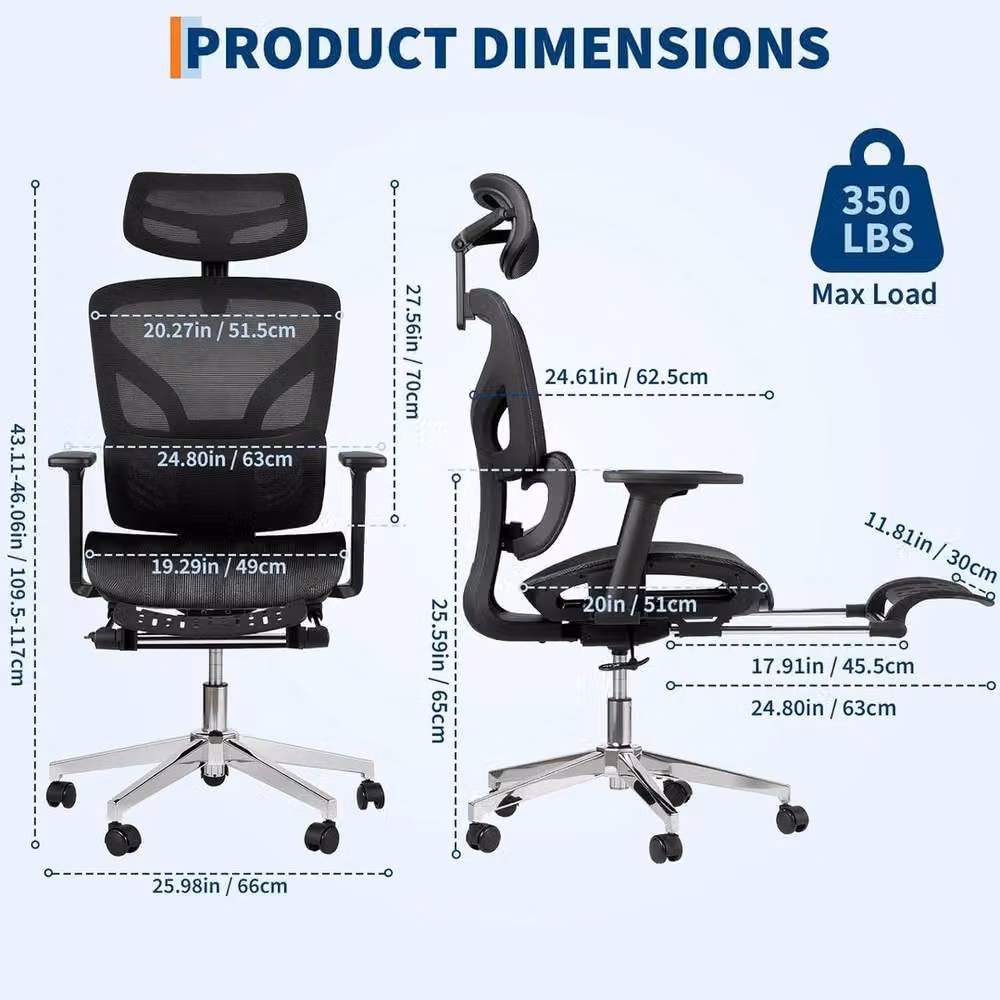 VOGREX Black Ergonomic Fabric Office Chair with Headrest and Armrests – 2