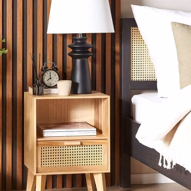 Wyld and Coco Bedsie 1 Drawer Bedside Table in Light Brown Paulownia Wood with Rattan Front, W/D/H: 30 x 40 x 55 cm