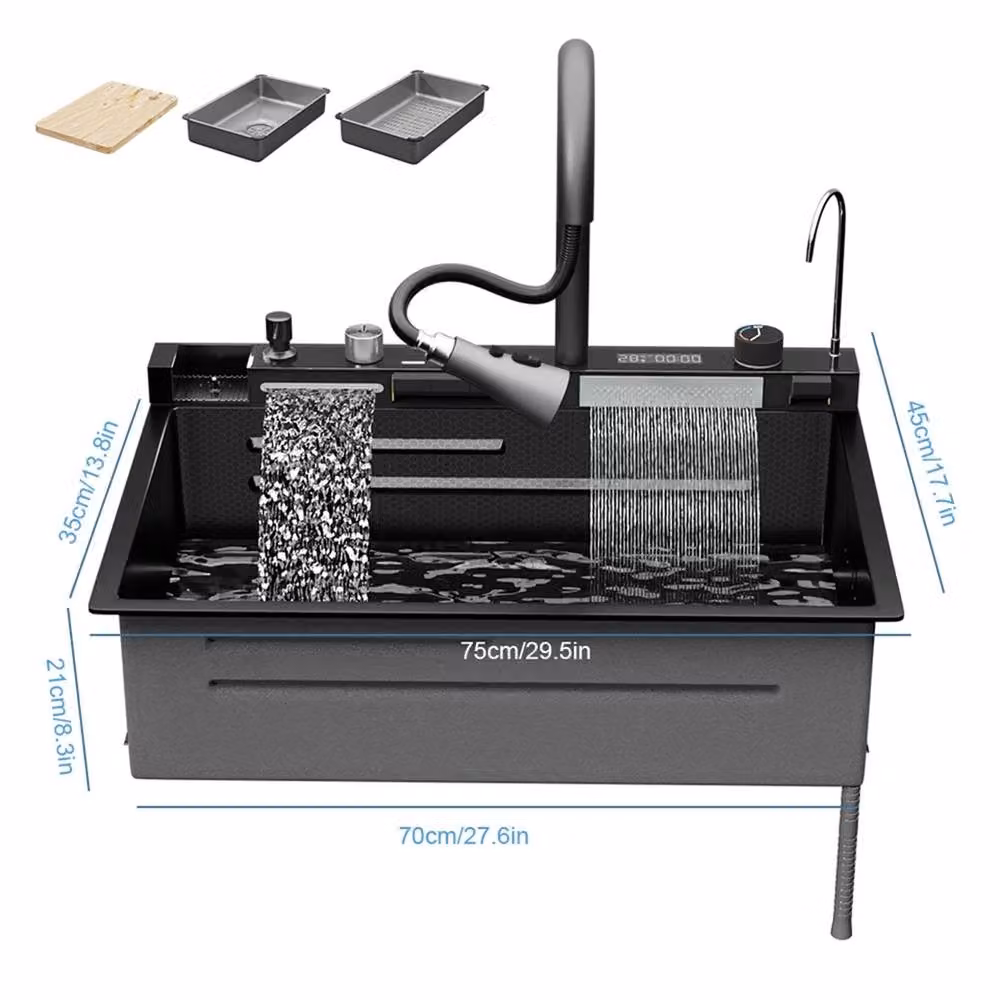SPETLEK Black Stainless Steel Waterfall Kitchen Sink, W: 100 cm, D: 52 cm – 2