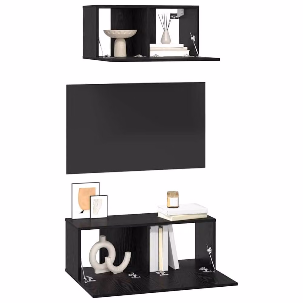 Berkfield Home Modern Wall Mounted TV Cabinet, 2 Piece Set in Black Oak, W/D/H: 80 x 30 x 30 cm – 3