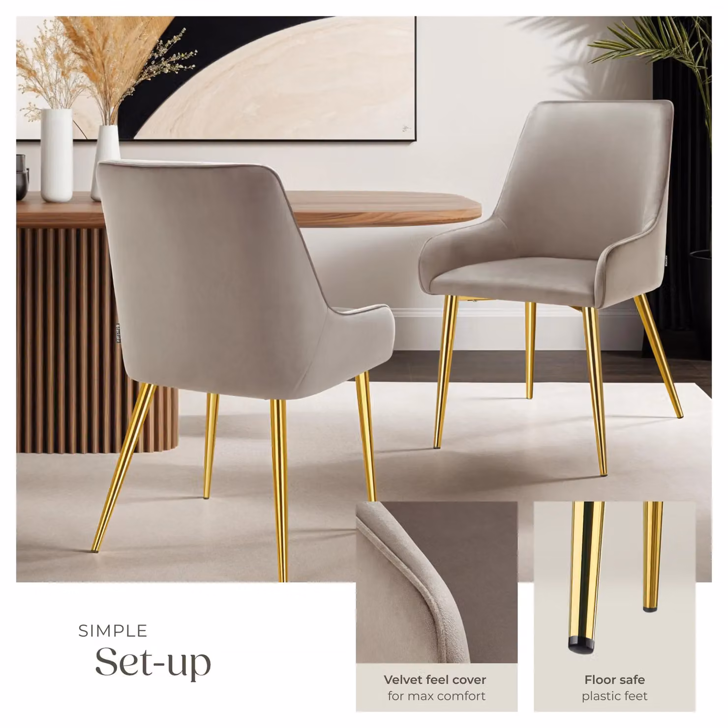 tectake Avane Set of 2 Modern Dining Chairs in Taupe Velvet Fabric with Armrests – 3