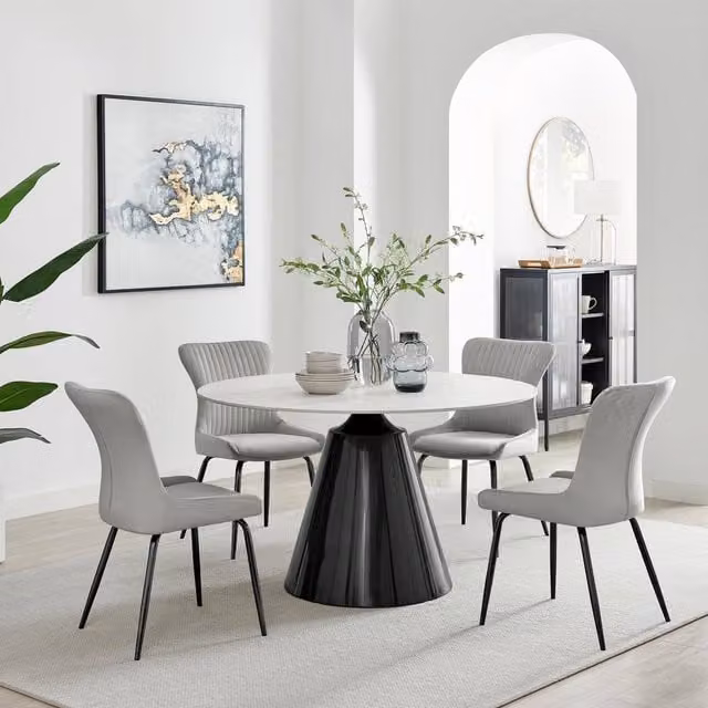 FurnitureboxUK Nina 4-Person Round Ceramic Dining Set with Grey Velvet Chairs