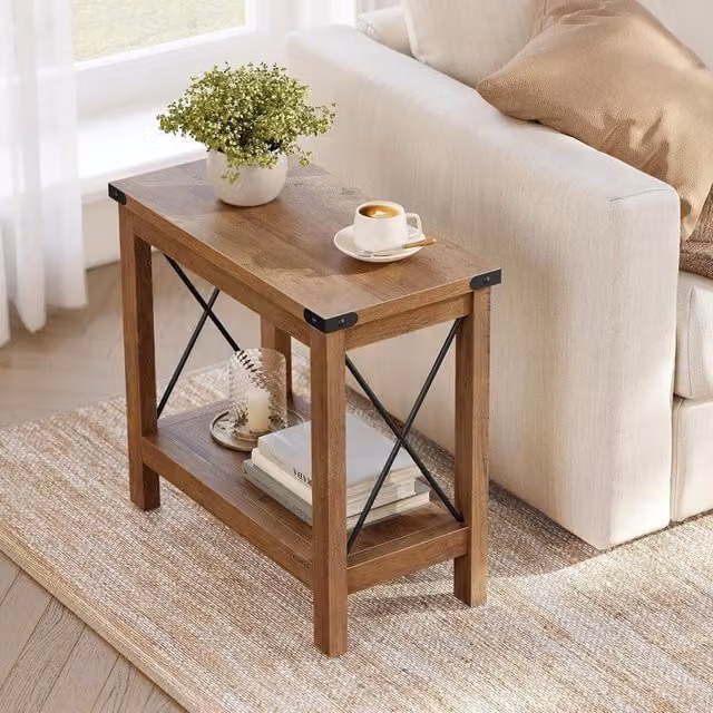 The Bazaarist Rustic Farmhouse Side Table with Storage Shelf in Honey Brown