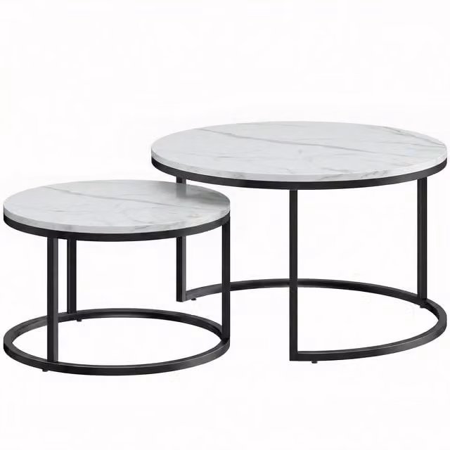 HOMCOM Set of Two White Marble-Effect Round Stacking Tables with Glossy MDF Tops and Metal Sled Bases – 1