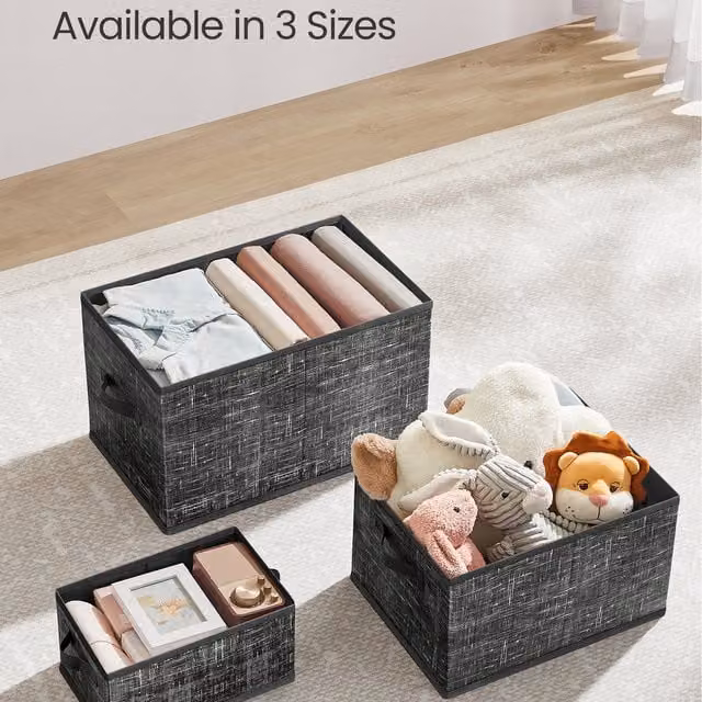 SONGMICS Set of 3 Collapsible Fabric Storage Boxes with Handles and Label Holders, Black