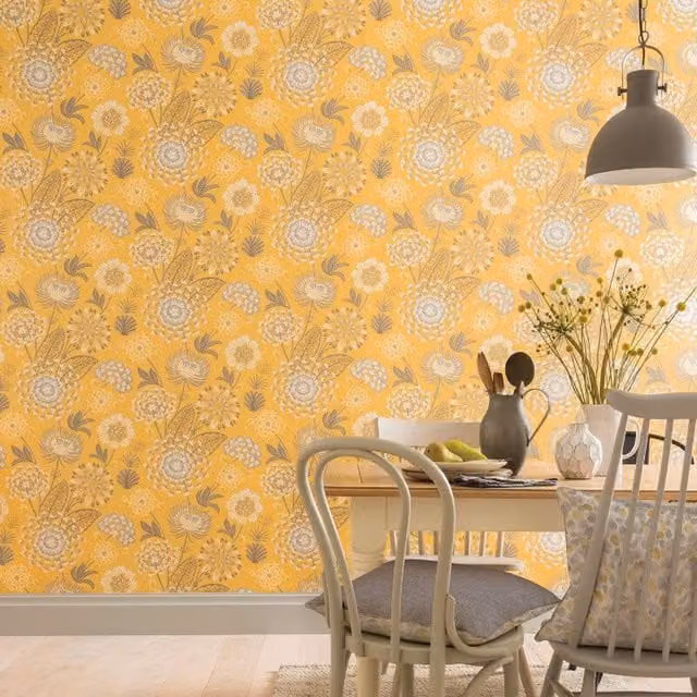 TheArthouse Vintage Bloom Floral Wallpaper in Yellow and Grey