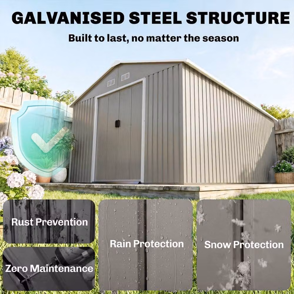 Rolipo Metal Garden Shed in Light Grey with Foundation Kit, Ventilation and Sliding Doors – 4